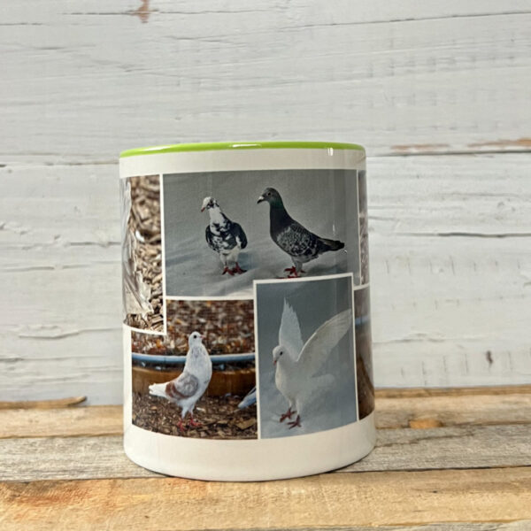 Pigeon mug with photos of mates Harley and Pete, Dante (bottom left), and Jude (bottom right)